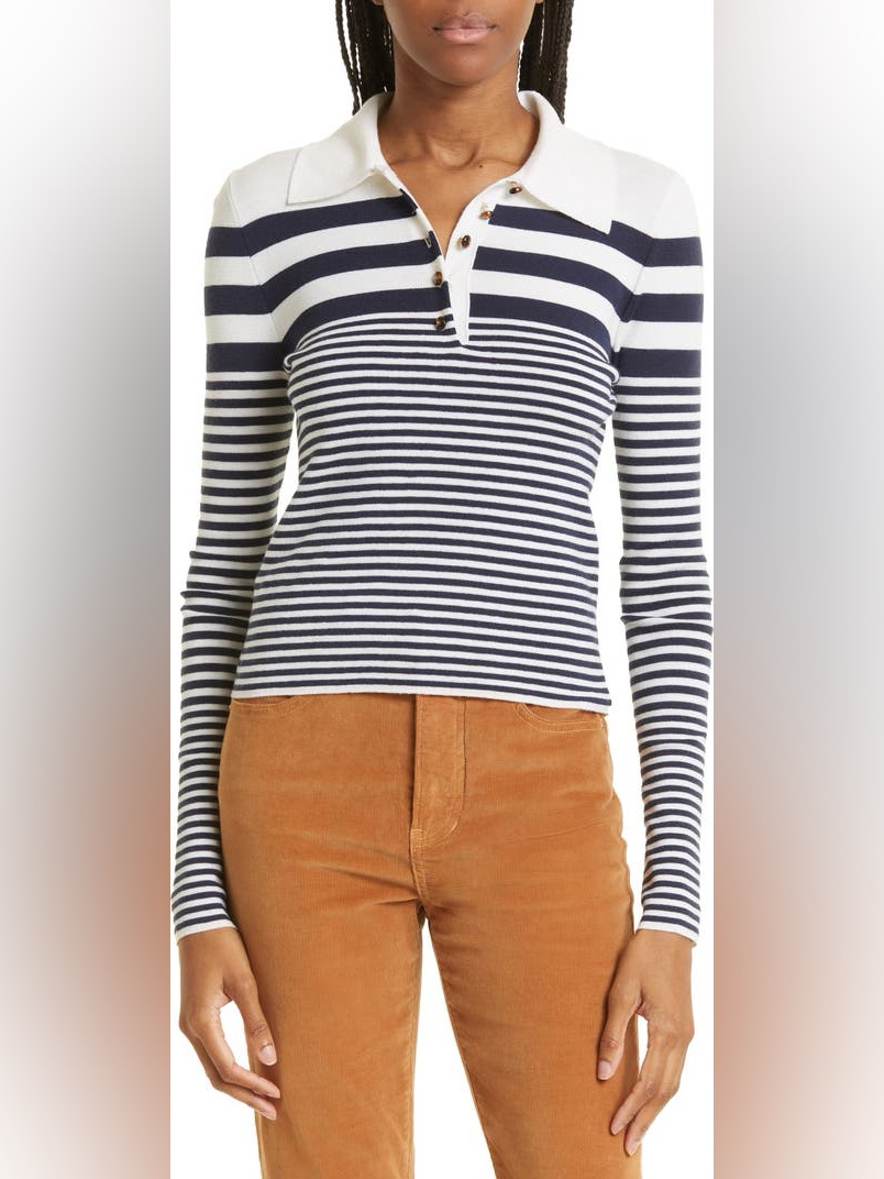 Veronica Beard Raj Cream Navy Stripe Merino Wool Polo Sweater Large Nautical